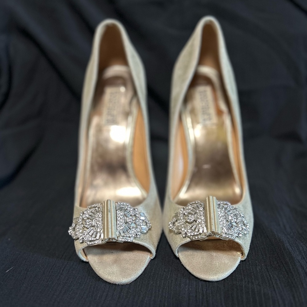 Badgley Mischka Gold Leather Heels Womens 8.5 Peep Toe Embellished Heels